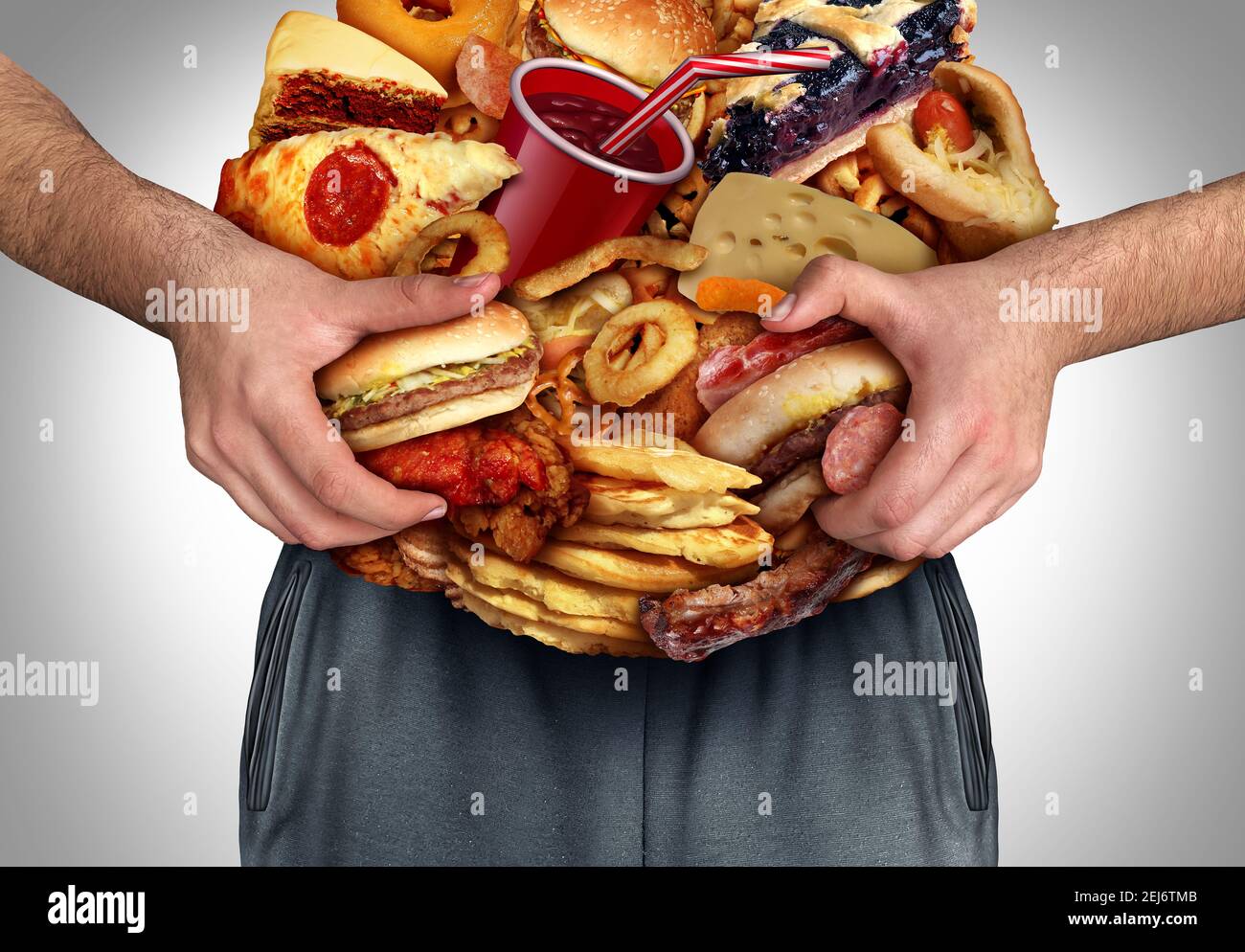 Adipositas und Ernährung oder ungesunde Ernährung als Frontansicht einer fettreichen übergewichtigen Person mit dem Magen aus Junk-Food als medizinische Diät-Problem gemacht. Stockfoto