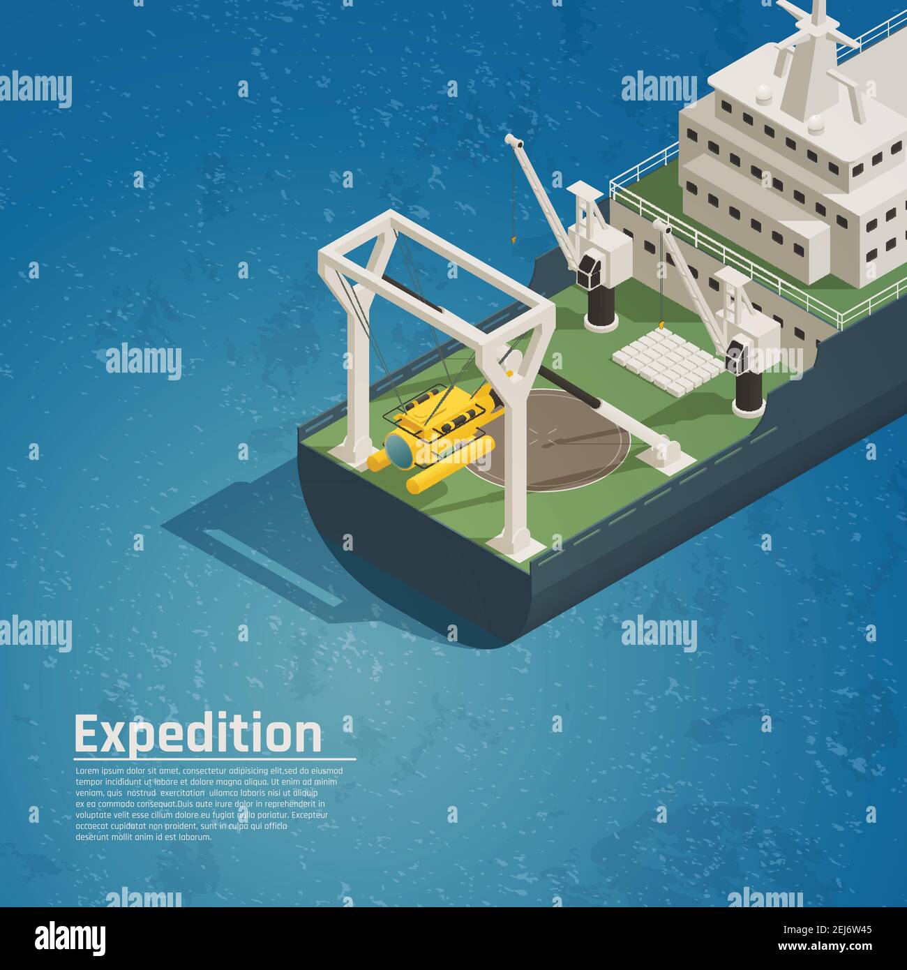 Bathyscaphe Tauchausrüstung für Unterwasserexplorationen testet Entdeckungen an Bord Expedition Ozeanschiff isometrische Zusammensetzung Vektor-Illustration Stock Vektor