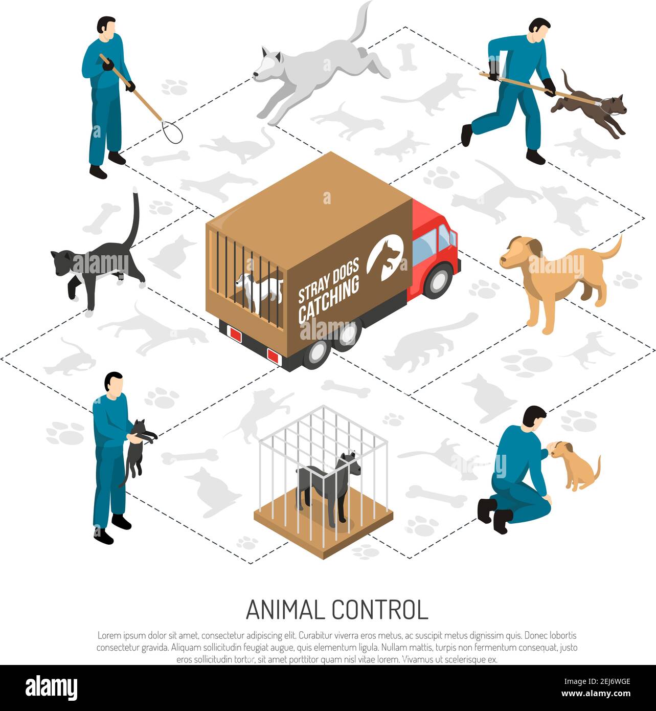 Tierkontrolle Agentur Service isometrische Poster mit Offiziere fangen und Transport von Hunden Katzen zu Schutzräumen Vektor-Illustration Stock Vektor