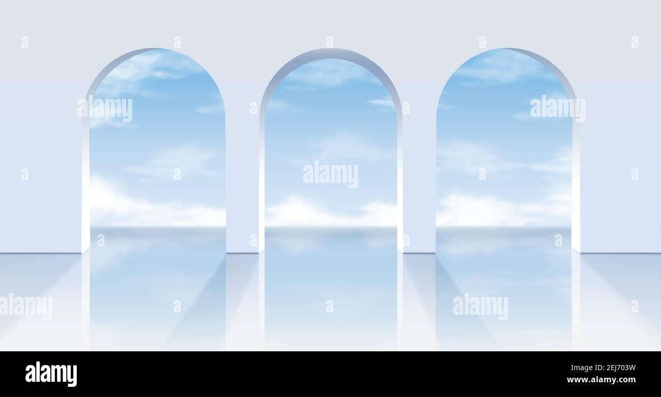 3D realistische vektorweiße Bögen mit Blick auf den blauen Himmel. Stock Vektor