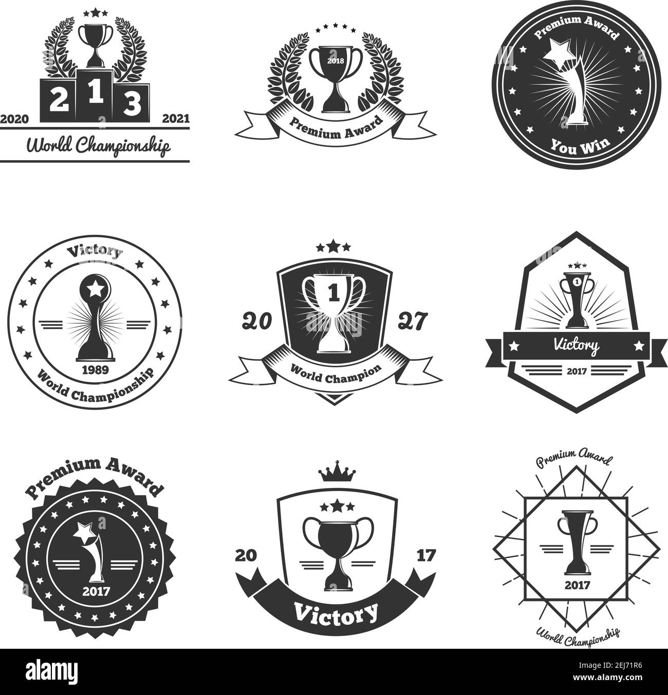 Weltmeisterschaft Wettbewerbe Festivals Turniere Gewinner Auszeichnungen Trophäen Embleme Icons Collection isolierte schwarz weiß Vektor-Illustration Stock Vektor Weltmeisterschaft Wettbewerbe Festivals Turniere Gewinner Auszeichnungen Trophäen Embleme Icons Collection isolierte schwarz weiß Vektor-Illustration Stock Vektor