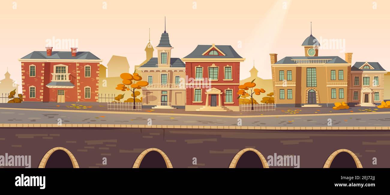 Vintage City Herbststraße mit europäischen kolonialen viktorianischen Gebäuden und Seepromenade. Stadt aus dem 19th. Jahrhundert mit alter Architektur. Retro-Stil Stadtbild am Flussufer, Cartoon-Vektor-Illustration Stock Vektor