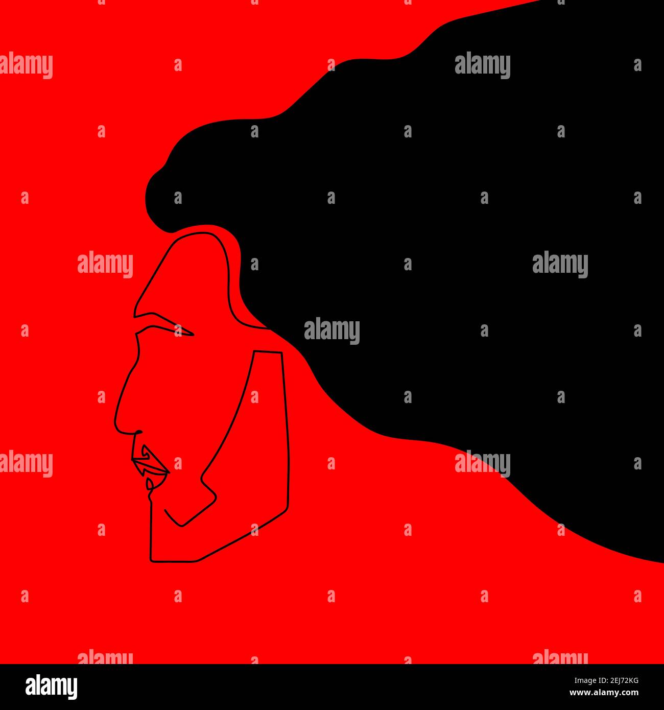 Die blutige Geschichte der Menschheit. Hand gezeichnet Linie Kunst des Bartmenschen mit langen welligen Haar isoliert auf rotem Hintergrund. Fortlaufende Linie abstrakte Fläche Stock Vektor