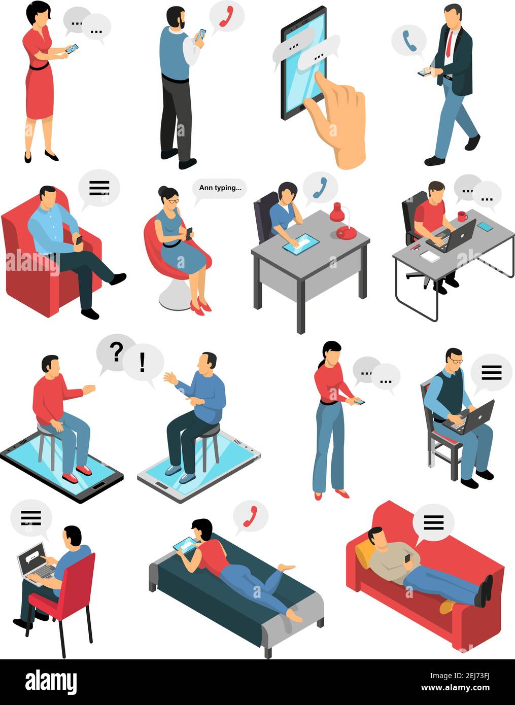 Isometrische Symbole mit Menschen während des Chats per Telefon gesetzt, in Boten und sozialen Netzwerken isoliert Vektor-Illustration Stock Vektor