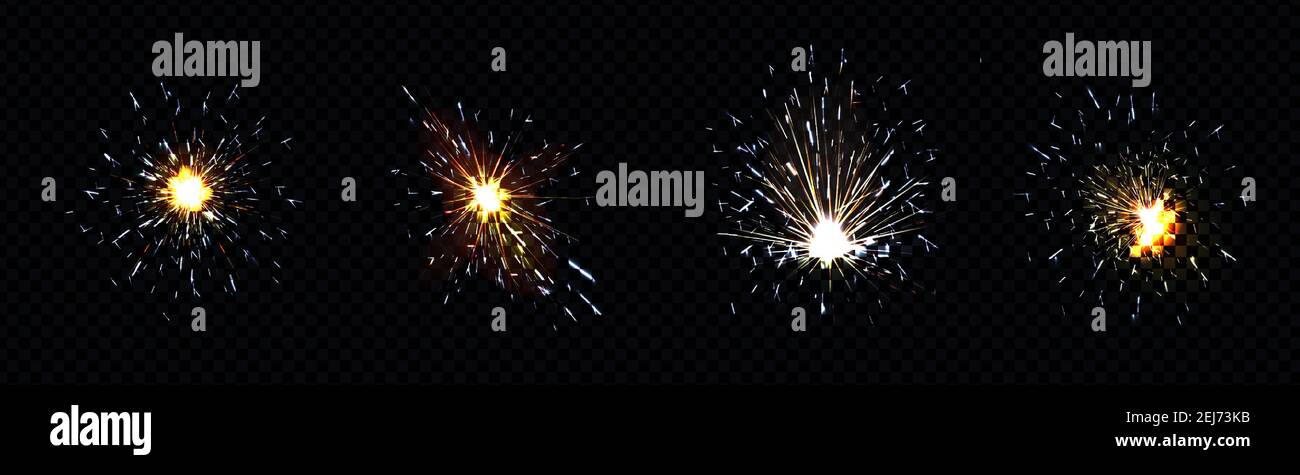 Feuerfunken durch Metallschweißen, Eisenschneiden oder Funken isoliert auf transparentem Hintergrund. Vektor realistische Lichteffekt, Lichtblitze von industriellen Arbeiten mit Stahl oder Feuerwerk Stock Vektor