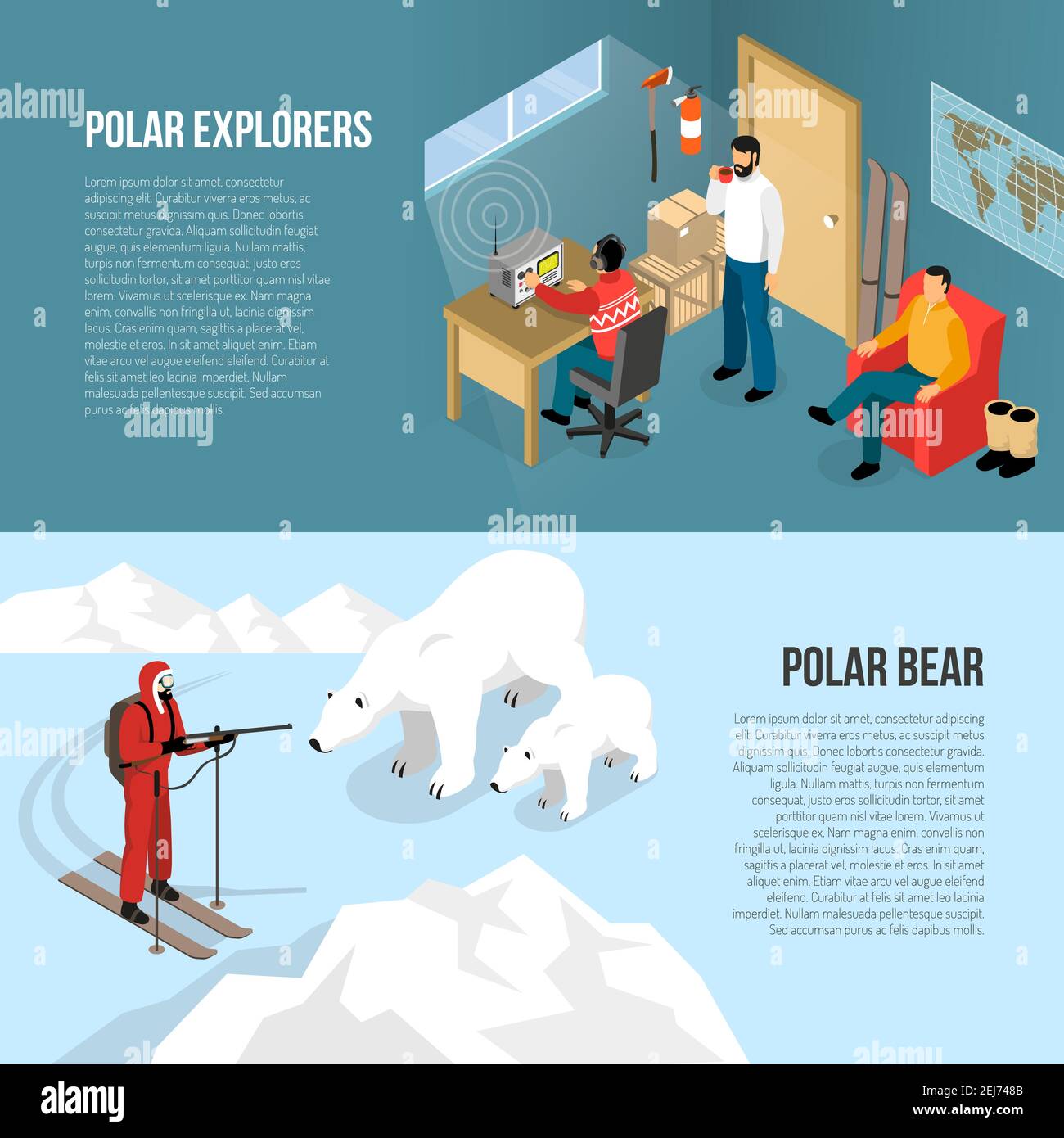Arctic Pole Exploration 2 horizontale isometrische Banner mit weißen Bären Und Radio Station Innenraum isoliert Vektor-Illustration Stock Vektor