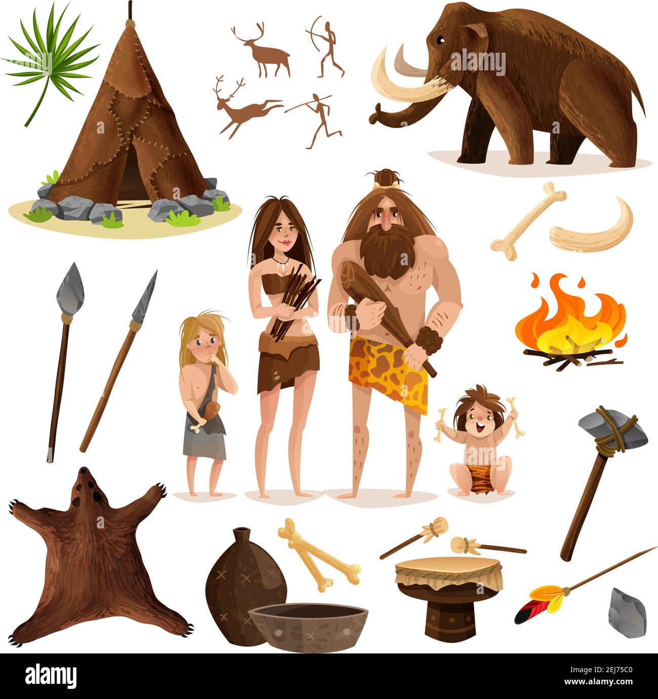 Höhlenmenschen dekorative Ikonen Set mit Hüttenwaffe für die Jagd Mammut Bonfire Cartoon Zeichen isoliert Vektor Illustration Stock Vektor