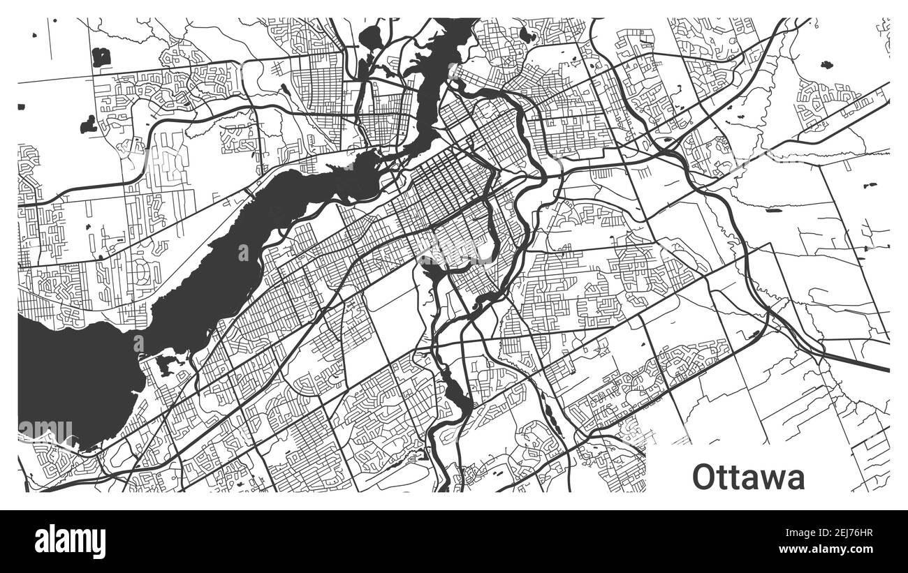 Karte von Ottawa, Ontario, Kanada. Horizontaler Hintergrund Karte Poster schwarz und weiß Land, Straßen und Flüsse. 1920 1080 Proportionen. Lizenzfreie gr Stock Vektor