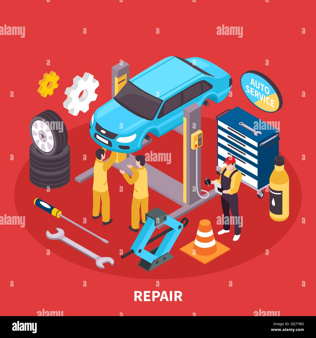 Auto Service isometrisches Konzept mit Reparatur-Werk Symbole Vektor-Illustration Stock Vektor