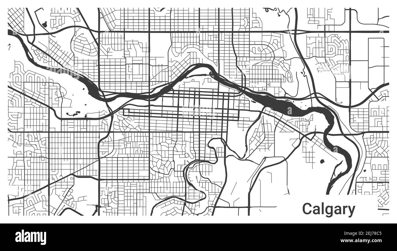 Karte von Calgary, Alberta, Kanada. Horizontaler Hintergrund Karte Poster schwarz und weiß Land, Straßen und Flüsse. 1920 1080 Proportionen. Lizenzfreie g Stock Vektor