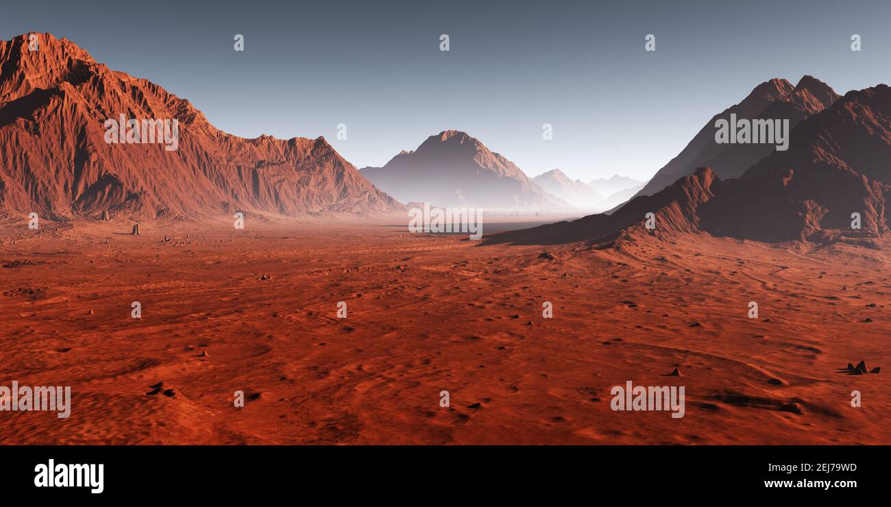 Sonnenuntergang auf dem Mars, Staub verdunkelte Marslandschaft. 3D Abbildung Stockfoto