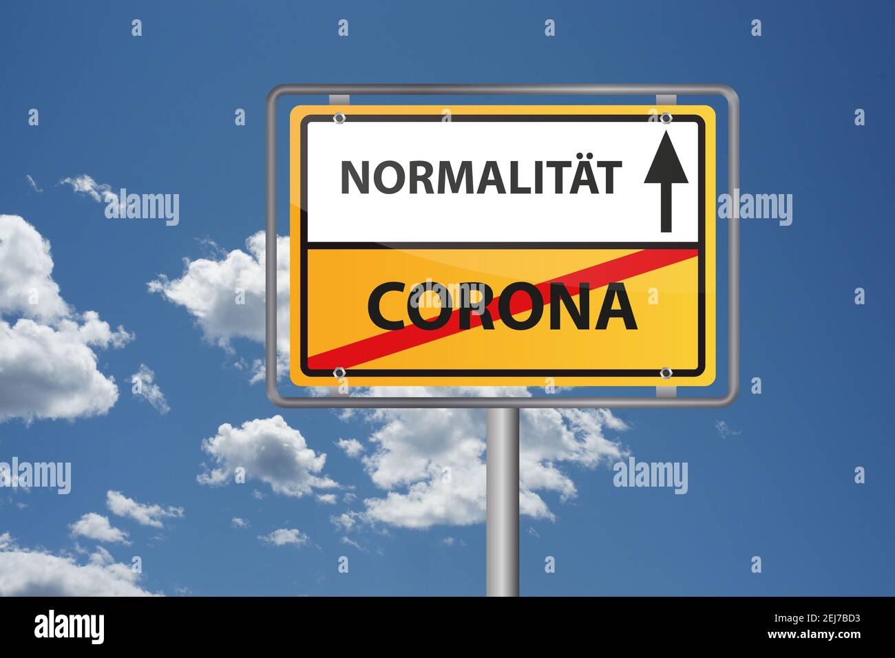 Corona Virus Pandemie vorbei, endlich wieder normal - lokales Ausstiegsschild in deutscher Sprache Stockfoto