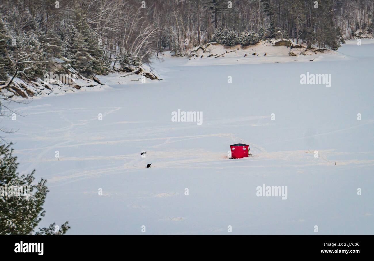 Einzelnes rotes Pop-up-Eis-Angelzelt auf gefrorenem See Stockfoto