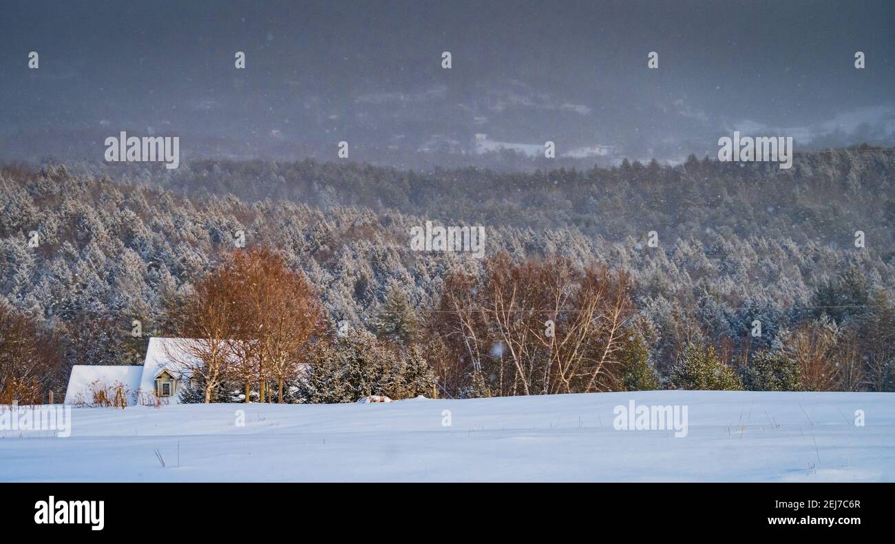 Ländliche Vermont Land Heimat Winterszene Stockfoto