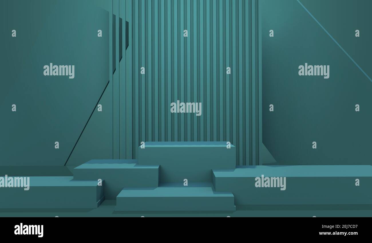 3D geometrische Render-Szene in Tandewater-Grün. Abstrakte und minimalistische Sockel für die Produktpräsentation Stockfoto