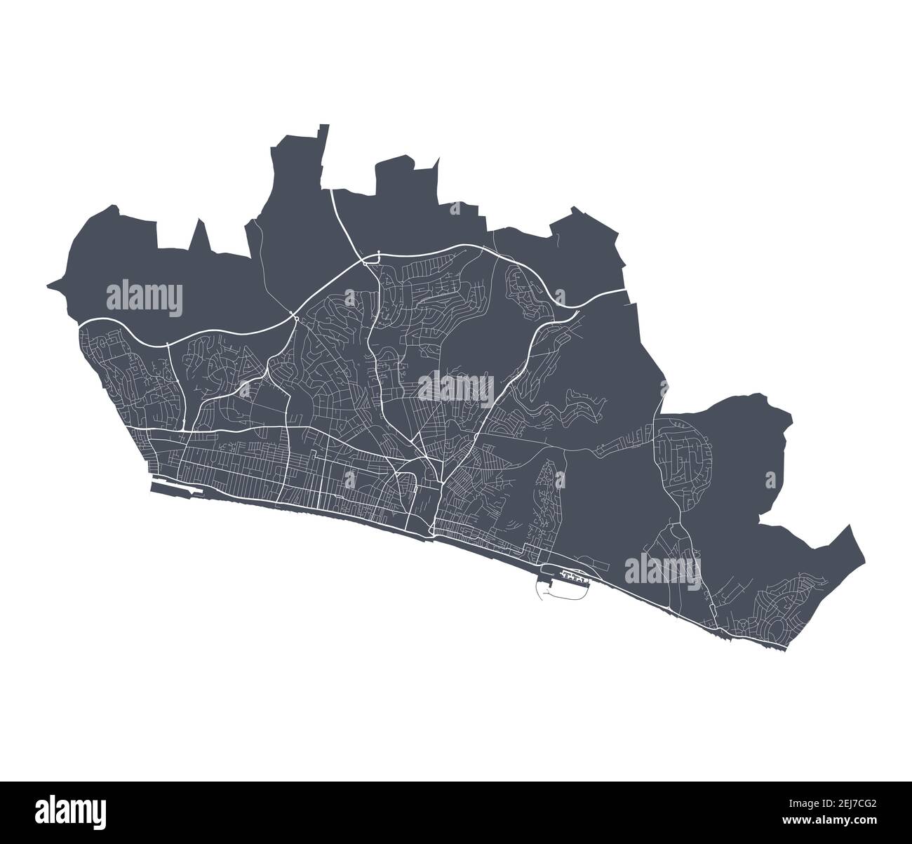 Brighton & Hove Karte. Detaillierte Vektorkarte von Brighton & Hove Stadtverwaltung. Stadtbild Poster Metropolregion Arie Ansicht. Dunkles Land mit weißer st Stock Vektor