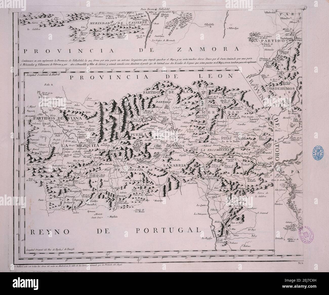 MAPA DE LA PROVINCIA DE VALLADOLID DEDICADO A DON PEDRO DE ALCANTARA - 1779 - (3ª PARTE). Autor: LOPEZ TOMAS. ORT: BIBLIOTECA NACIONAL-COLECCION. MADRID. SPANIEN. Stockfoto