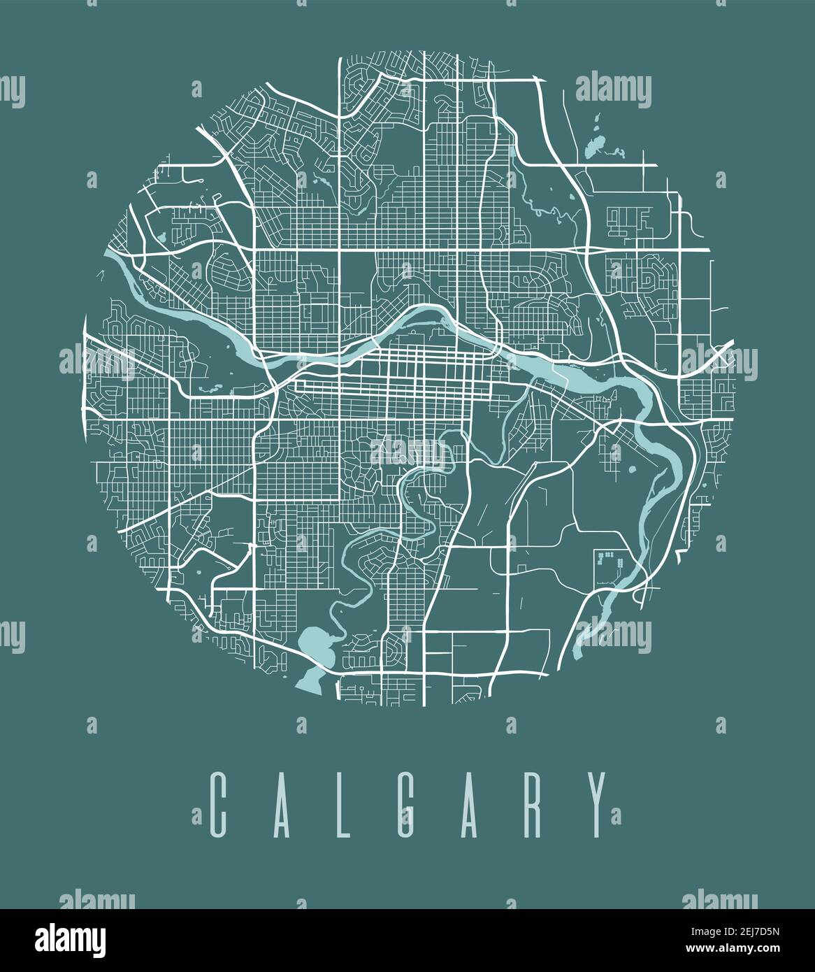 Kartenposter von Calgary. Dekoratives Design Stadtplan von Calgary Stadt. Stadtbild ARIA Panorama Silhouette Luftbild, Typografie Stil. Land, Fluss, Hochw Stock Vektor