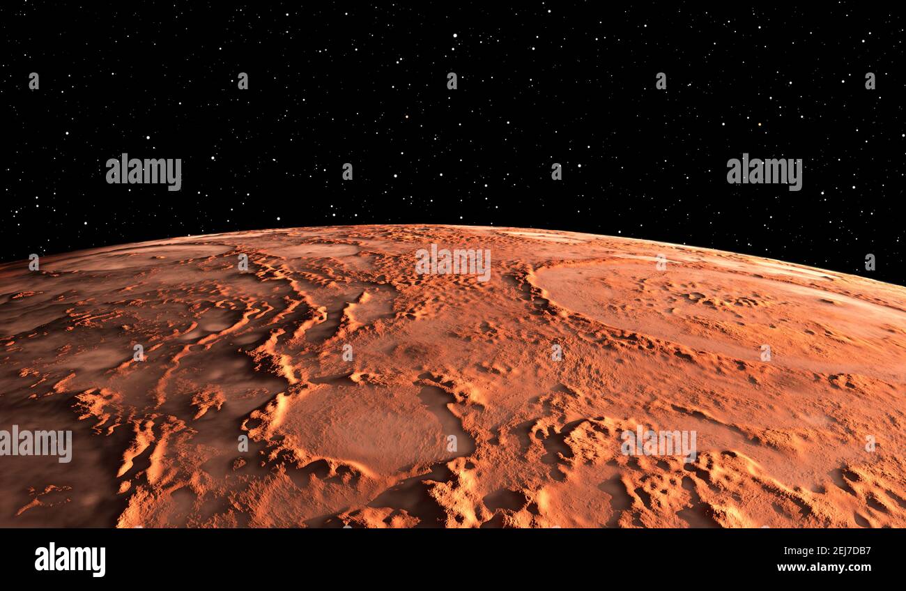 Mars - der rote Planet. Marsoberfläche und Staub in der Atmosphäre. 3D Abbildung Stockfoto