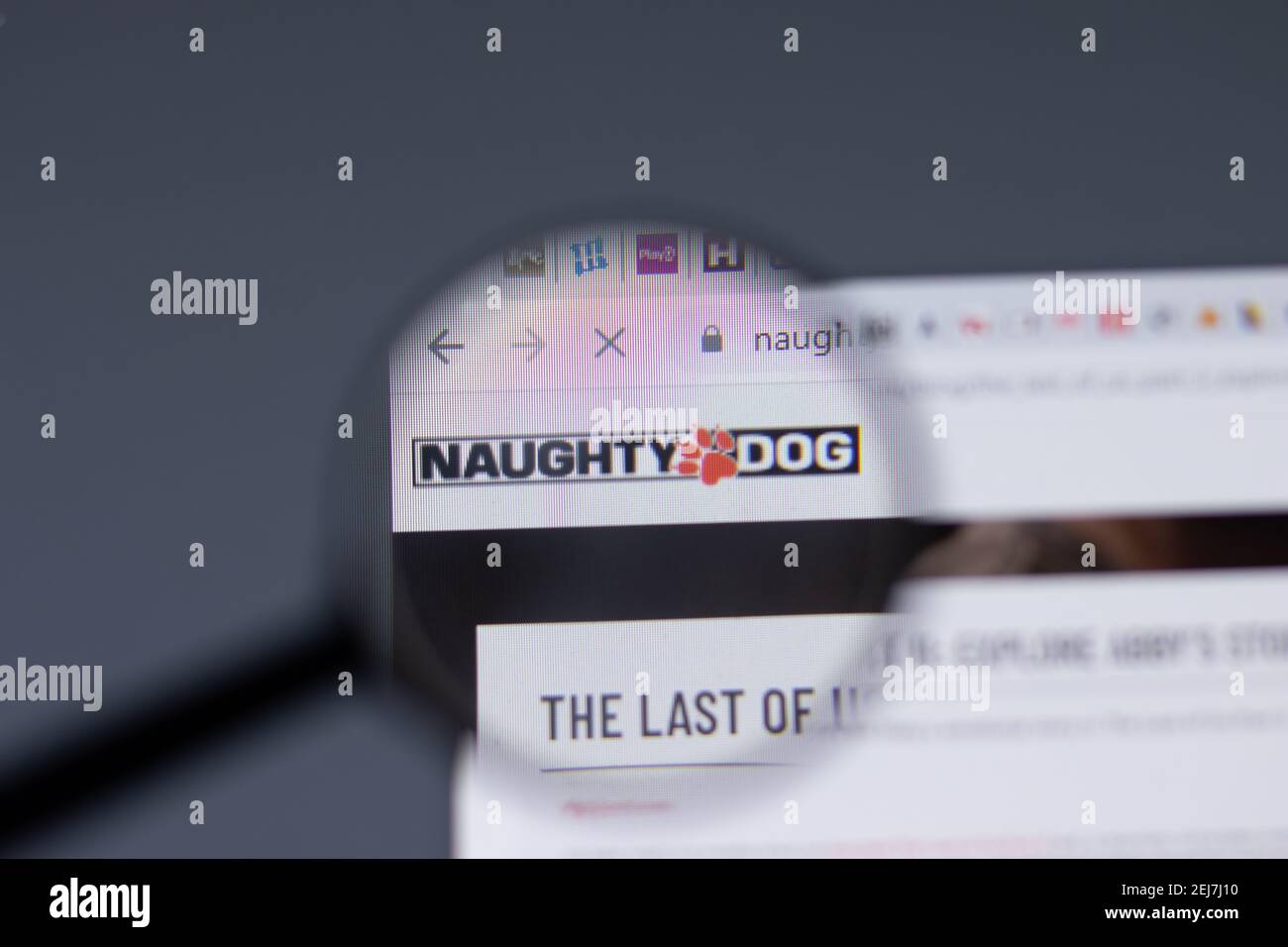 New York, USA - 17. Februar 2021: NAUGHTY DOG Logo close up auf Website-Seite, illustrative Editorial Stockfoto