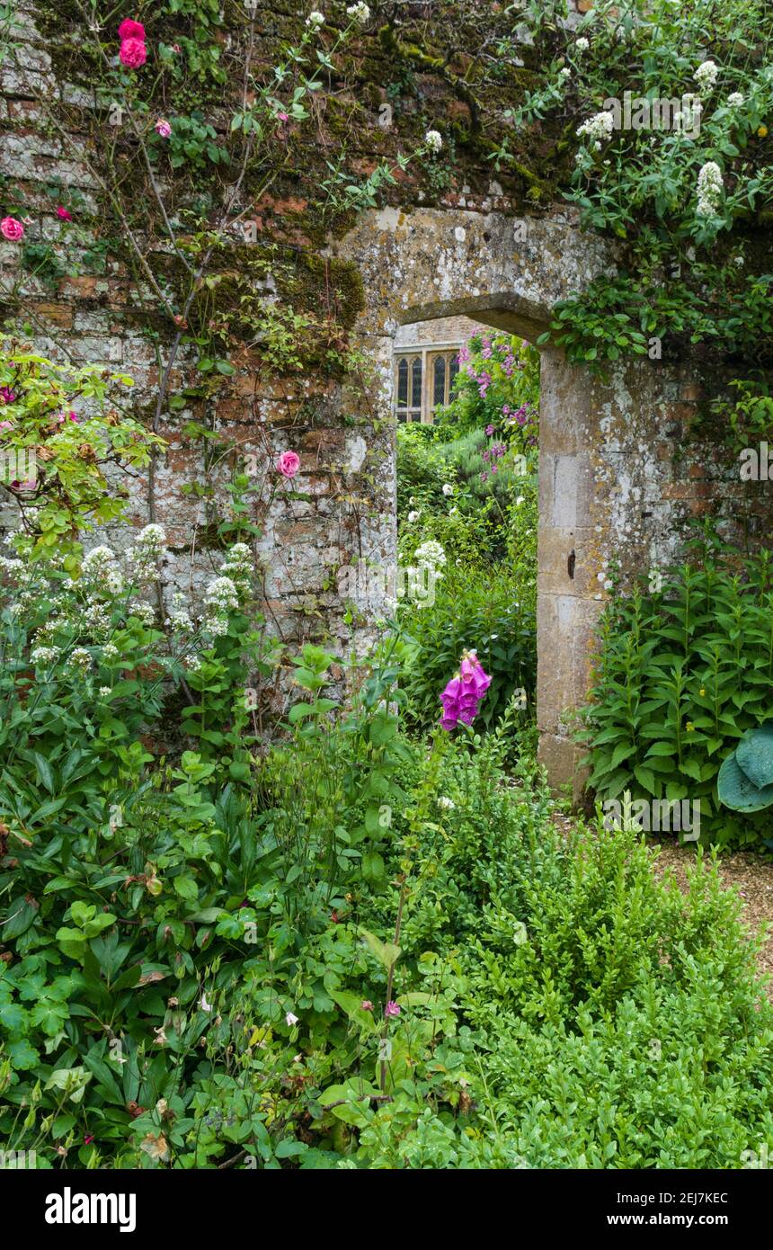 Gärten im Rousham House, Oxfordshire, Großbritannien; Torbogen und Bepflanzung im ummauerten Garten. Stockfoto