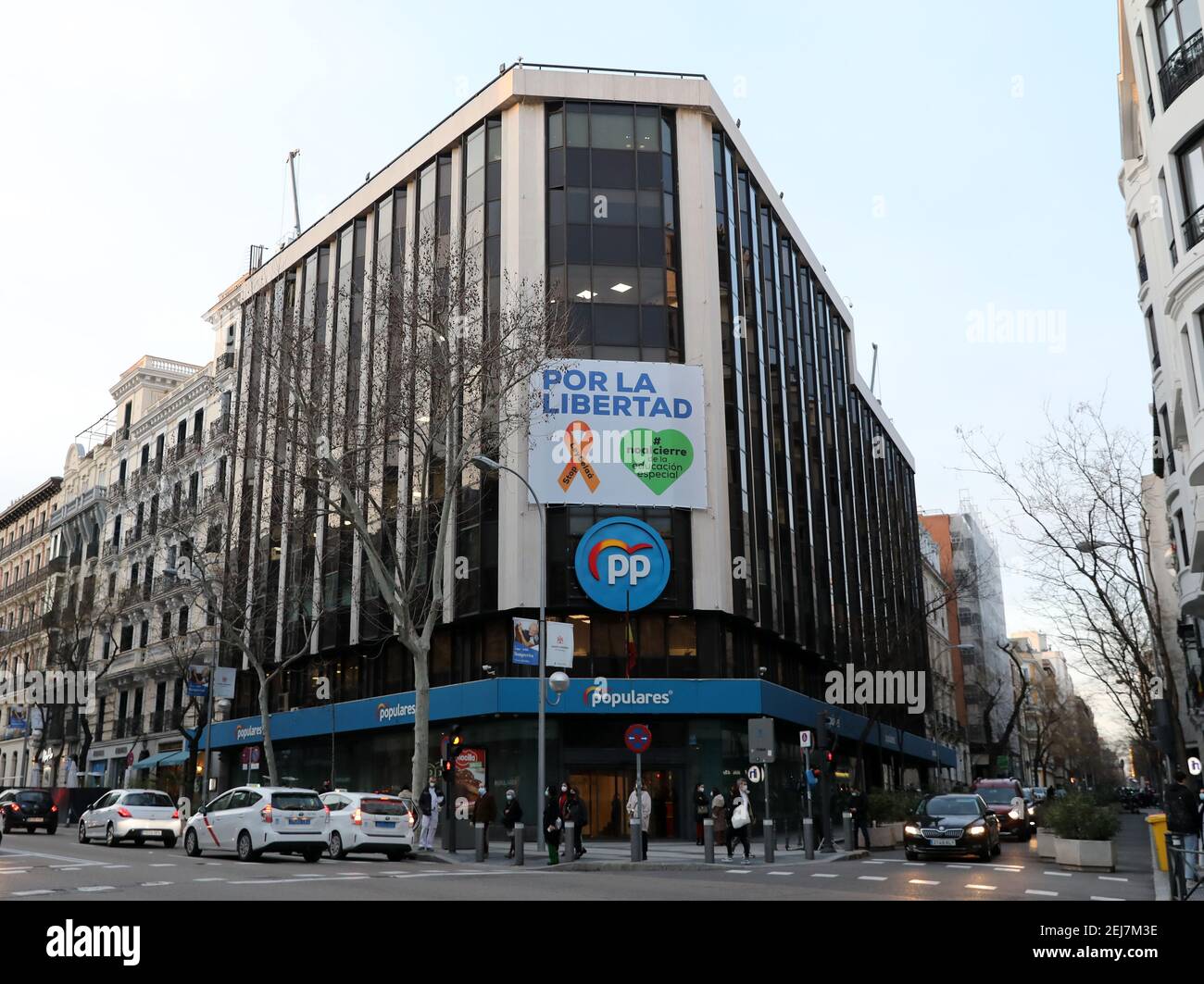 Eine allgemeine Ansicht des Hauptquartiers der spanischen Volkspartei in der Genova Straße in Madrid, Spanien. Der Parteiführer Pablo Casado hat angekündigt, dass die Stockfoto