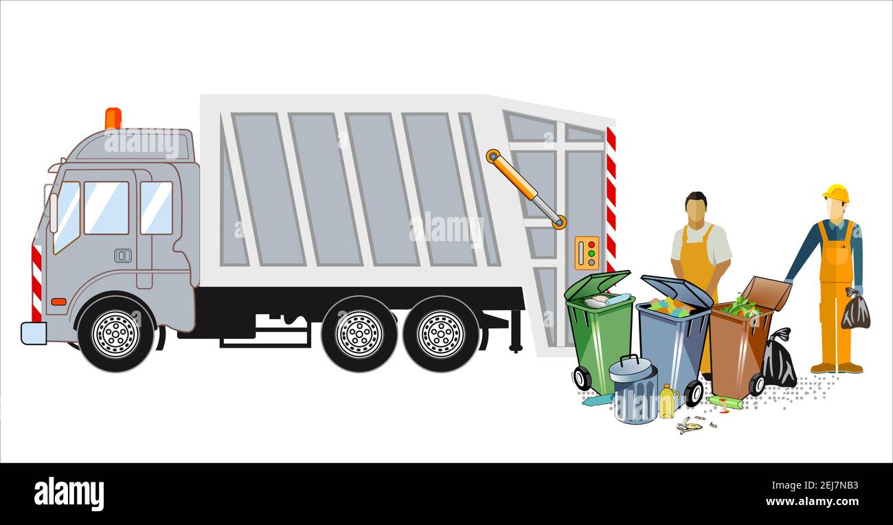 Müllwagen mit Arbeitern und Müllsäcken Stock Vektor