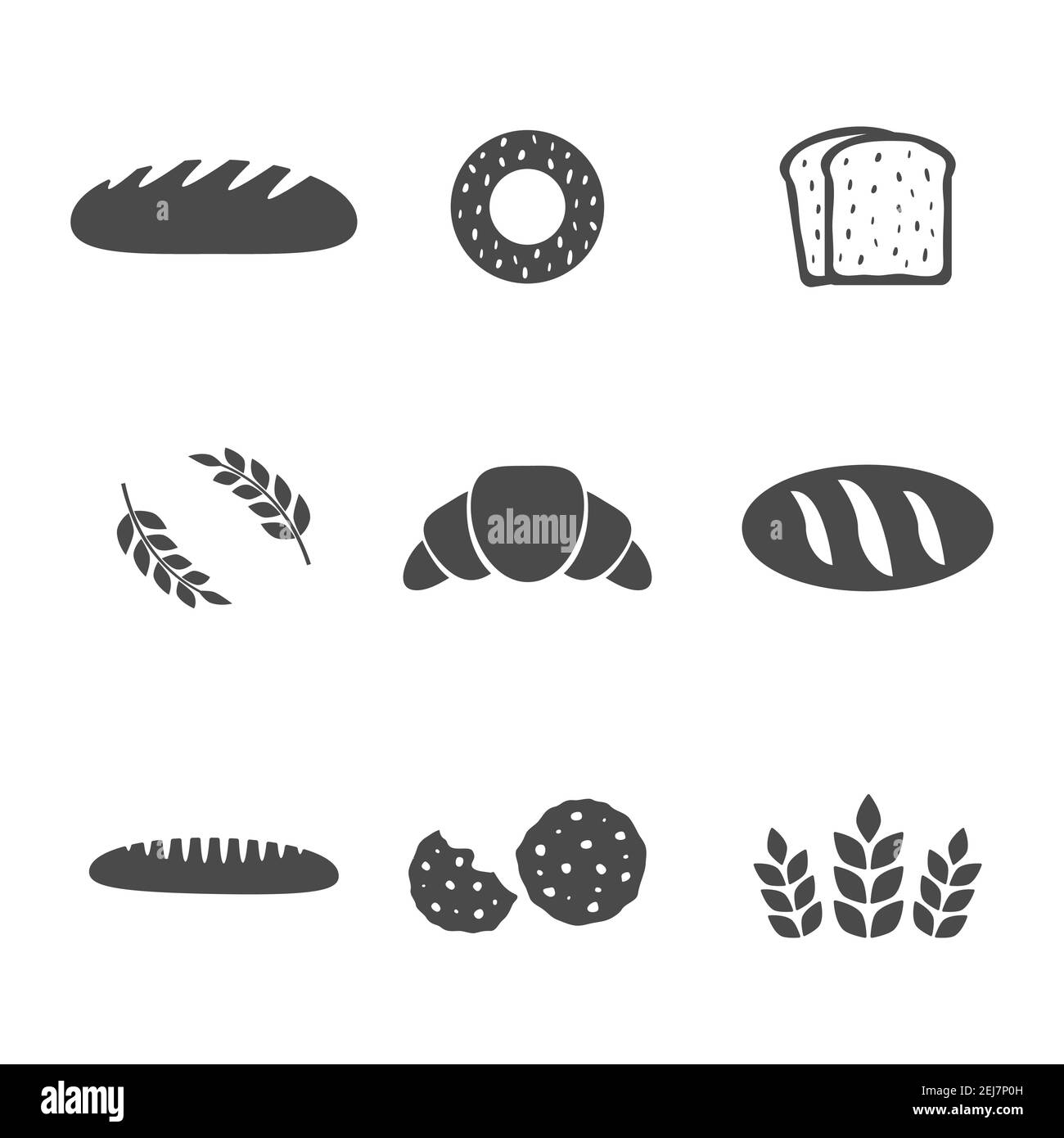 Brot-Symbole eingestellt. Bäckereiprodukte Silhouette Kollektion. Vektor-Lebensmittel-Illustration isoliert auf weiß Stock Vektor