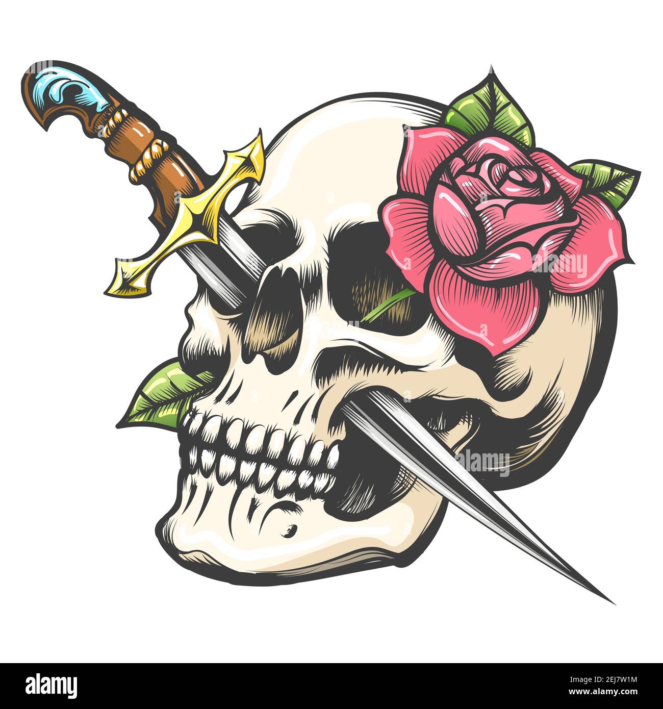 Bunte Tattoo von Totenkopf mit Rosenblüte und Dolch isoliert auf weiß. Vektorgrafik. Stock Vektor