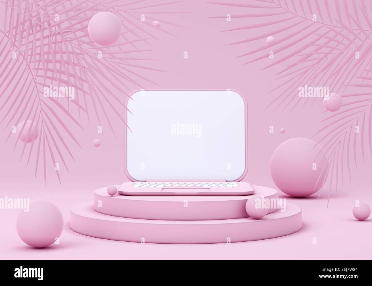 3D Abbildung mit pinkem Laptop auf Sockel. Design-Konzept für Notebooks Stockfoto