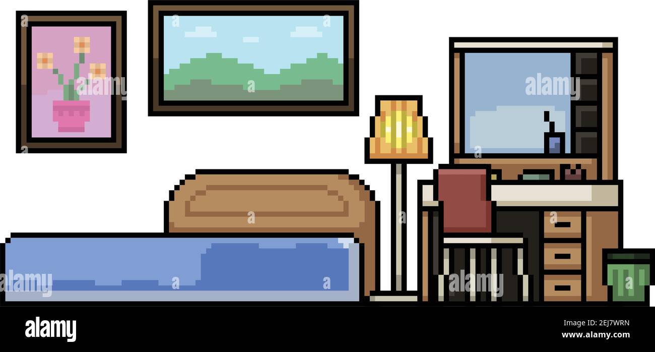Set von Pixel Art isoliert Haus Schlafzimmer Stock Vektor