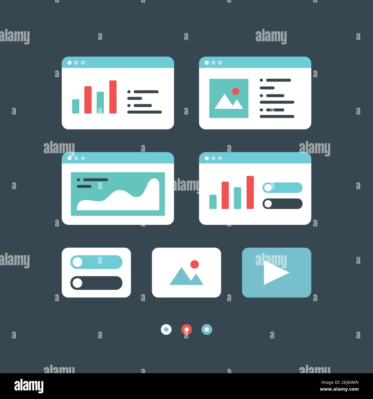 Eine Reihe von ui ux-Fensterfeldern mit grundlegenden Design-Elementen, die in Vektoren erstellt wurden. Hergestellt in rot, grün und blau, verschiedene Größen und Selektoren. Stock Vektor