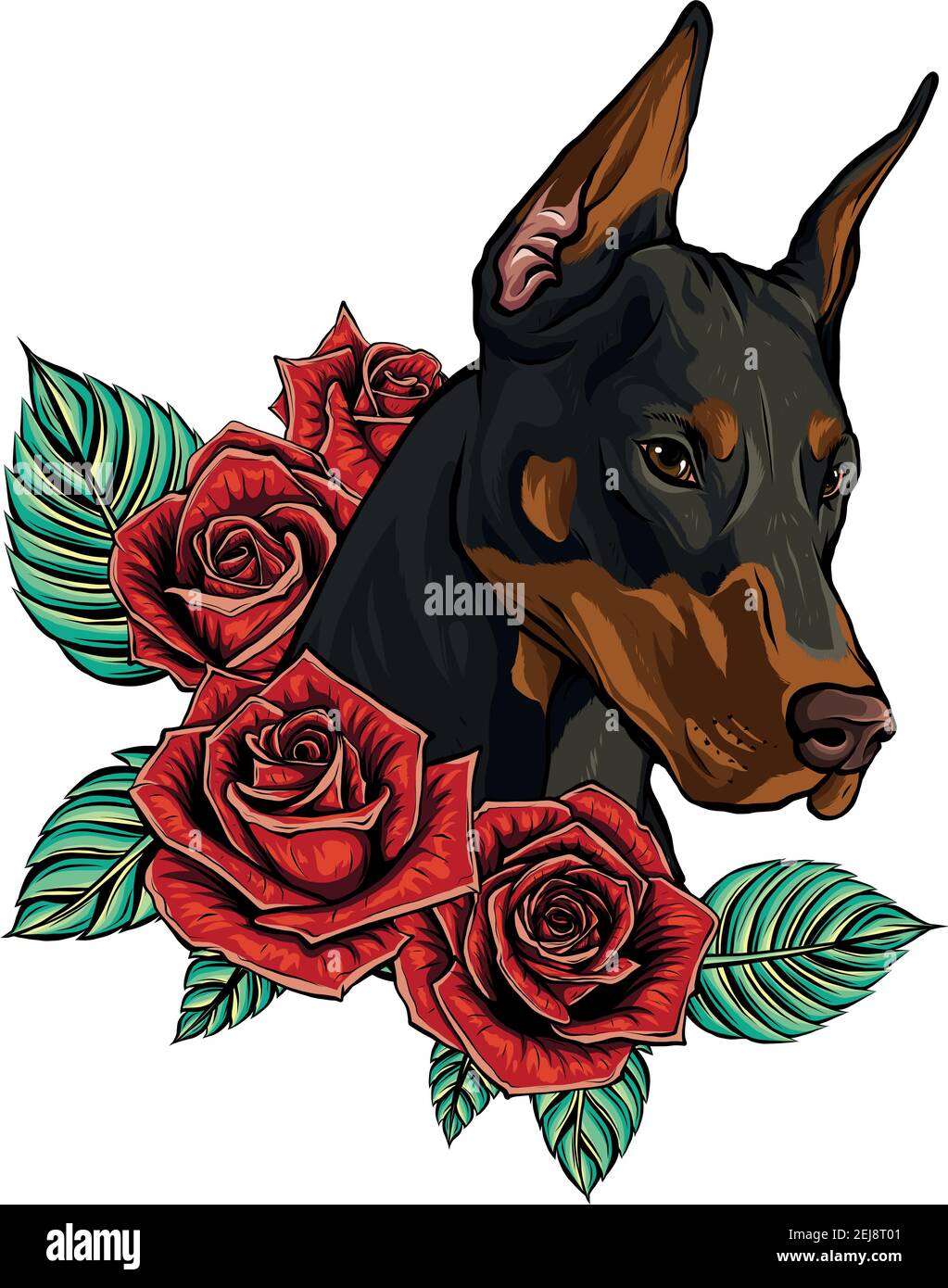vector Dobermann Hundegesicht mit roten Rosen Stock Vektor