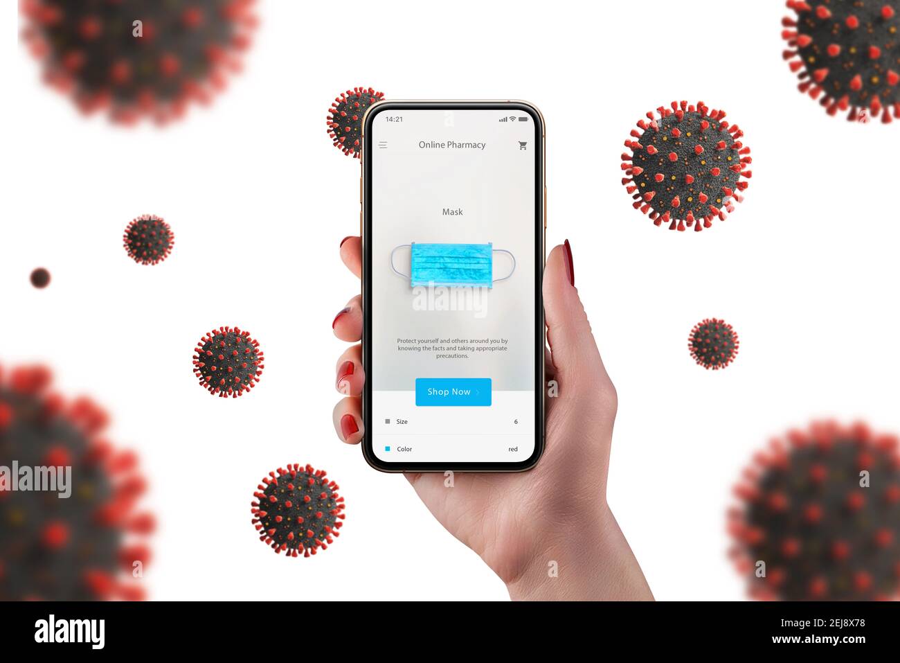 Konzept des Kaufs einer Schutzmaske gegen Coronavirus online mit Smartphone. Coronavirus-Virionen umgeben die Szene Stockfoto