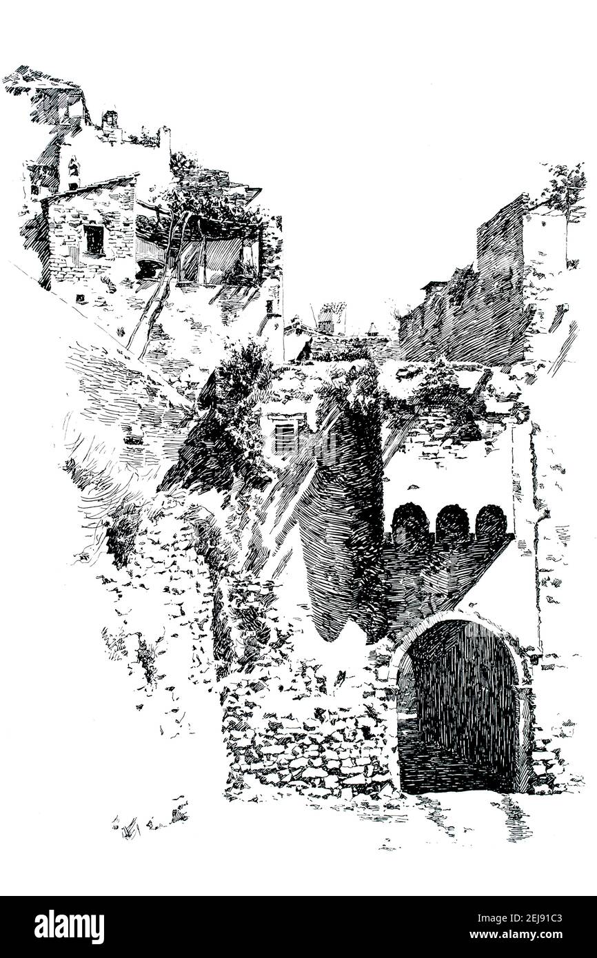 1890s Stift- und Tuschenskizze Old Saracenic Gate, La Pigna, San Remo, Italian Riviera, von dem amerikanischen Künstler William Thomson von 1899 The Studio an Illustra Stockfoto