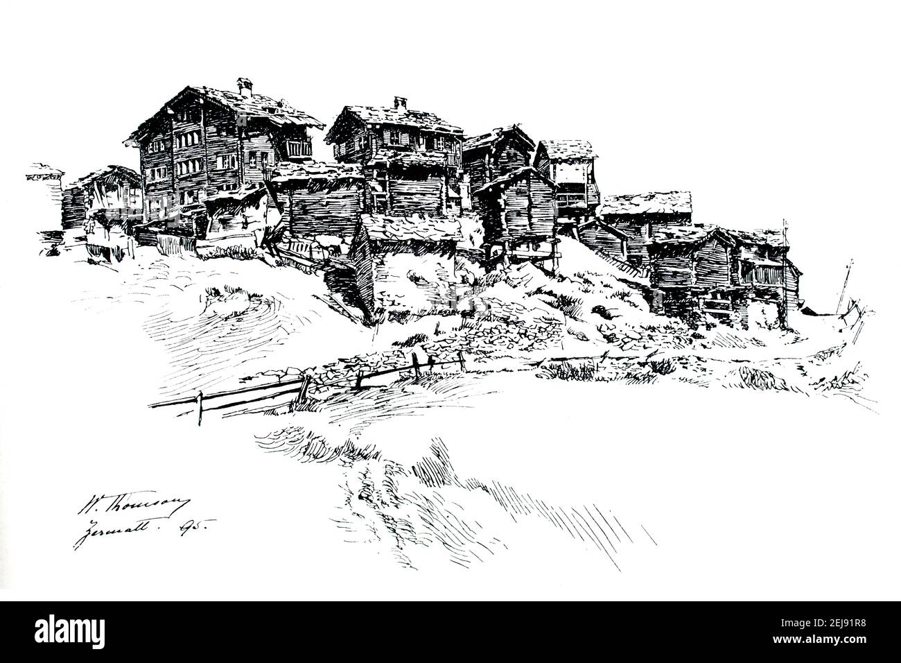 1895 Stift- und Tuschenskizze von Zermatt, Schweiz, vom amerikanischen Künstler William Thomson aus dem Jahr 1899 das Studio an Illustrated Magazine of Fine and Applied A Stockfoto