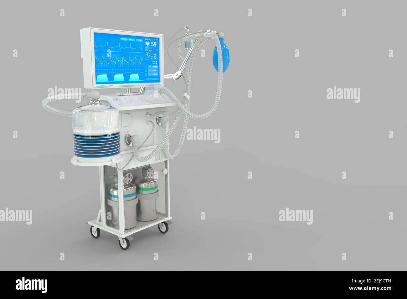 Medical 3D Illustration, ICU künstlicher Lungenventilator mit fiktivem Design isoliert auf grauem Hintergrund - Heal Corona Virus Konzept Stockfoto