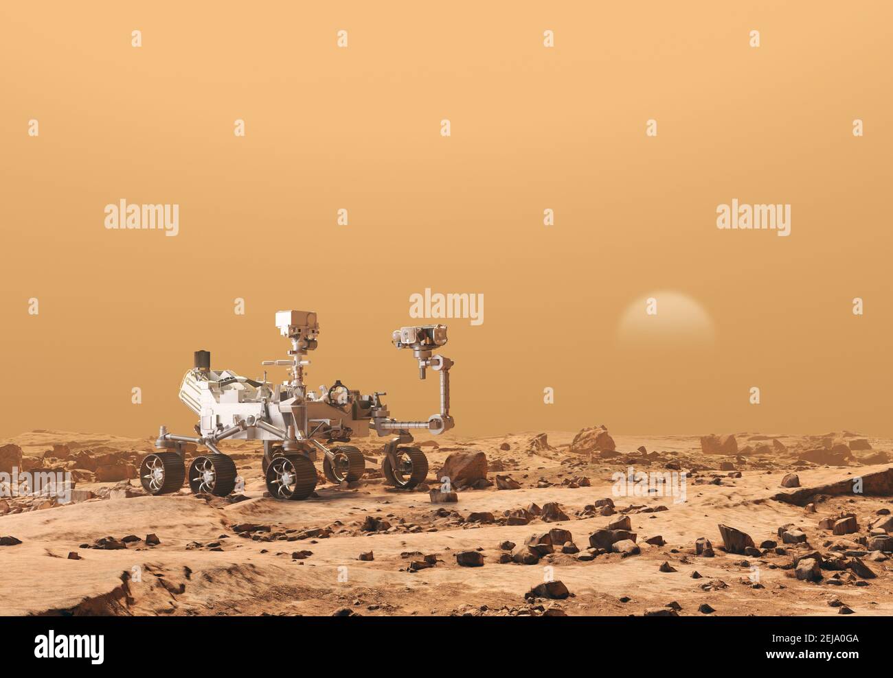 Mars Rover Beharrlichkeit beim Erkunden des roten Planeten. Mission im Jahr 2021. Felsiger Boden und dichte Atmosphäre. Einige Elemente dieses Bildes wurden von der NASA eingerichtet Stockfoto