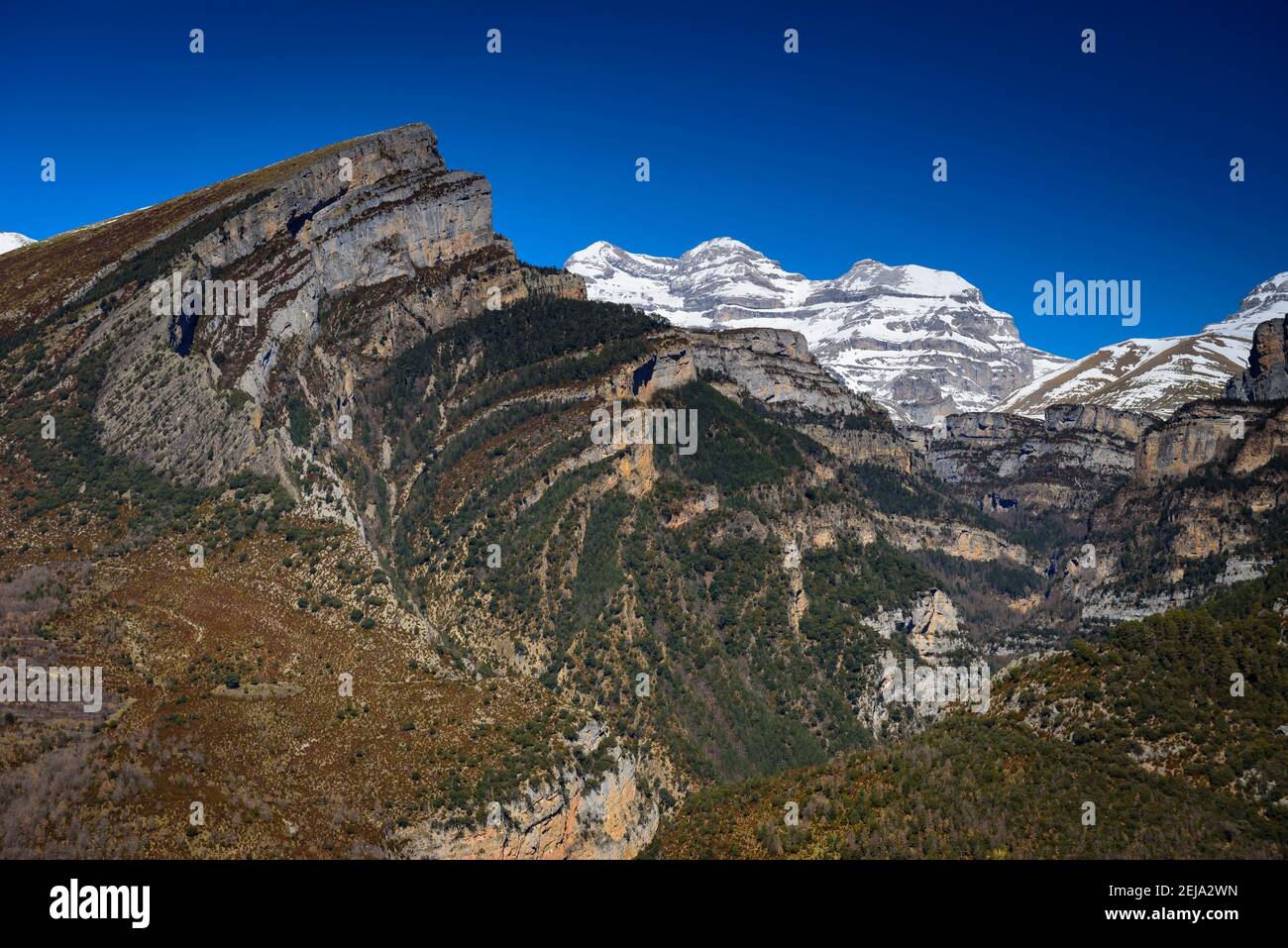 Añisclo-Schlucht und Monte Perdido im Winter (Nationalpark Ordesa und Monte Perdido, Pyrenäen, Spanien) Stockfoto