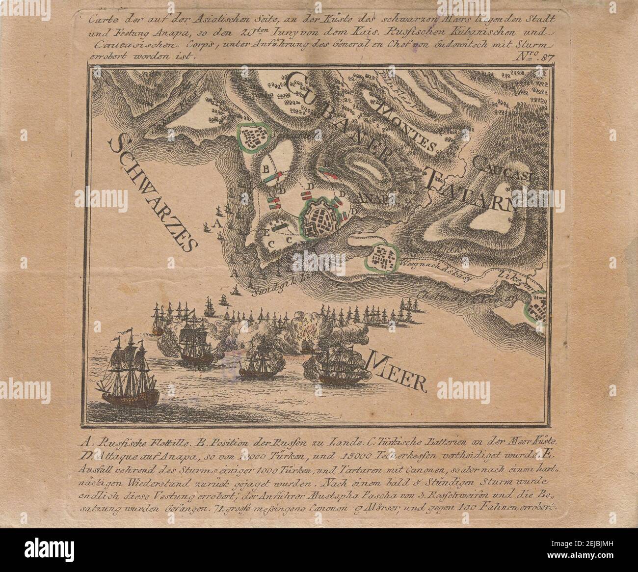 Karte der Eroberung der Seefestung Anapa durch russische Truppen am Schwarzen Meer im Juni 1791. Museum: PRIVATE SAMMLUNG. Autor: ANONYM. Stockfoto