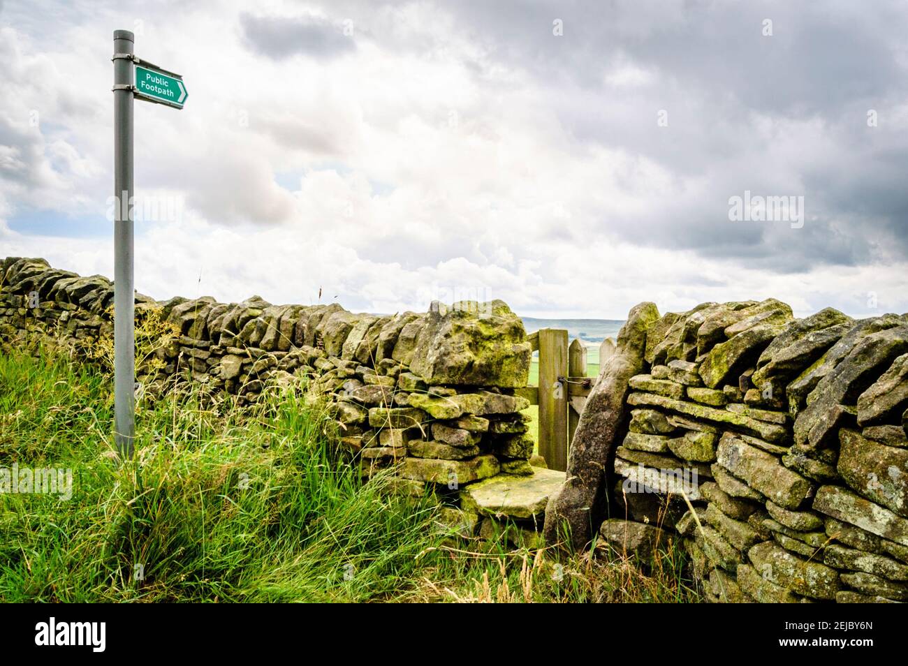 Walkers Wegweiser an einer Trockensteinmauer und Tor auf einem Pfad in Derbyshire, Peak District, England, Großbritannien Stockfoto