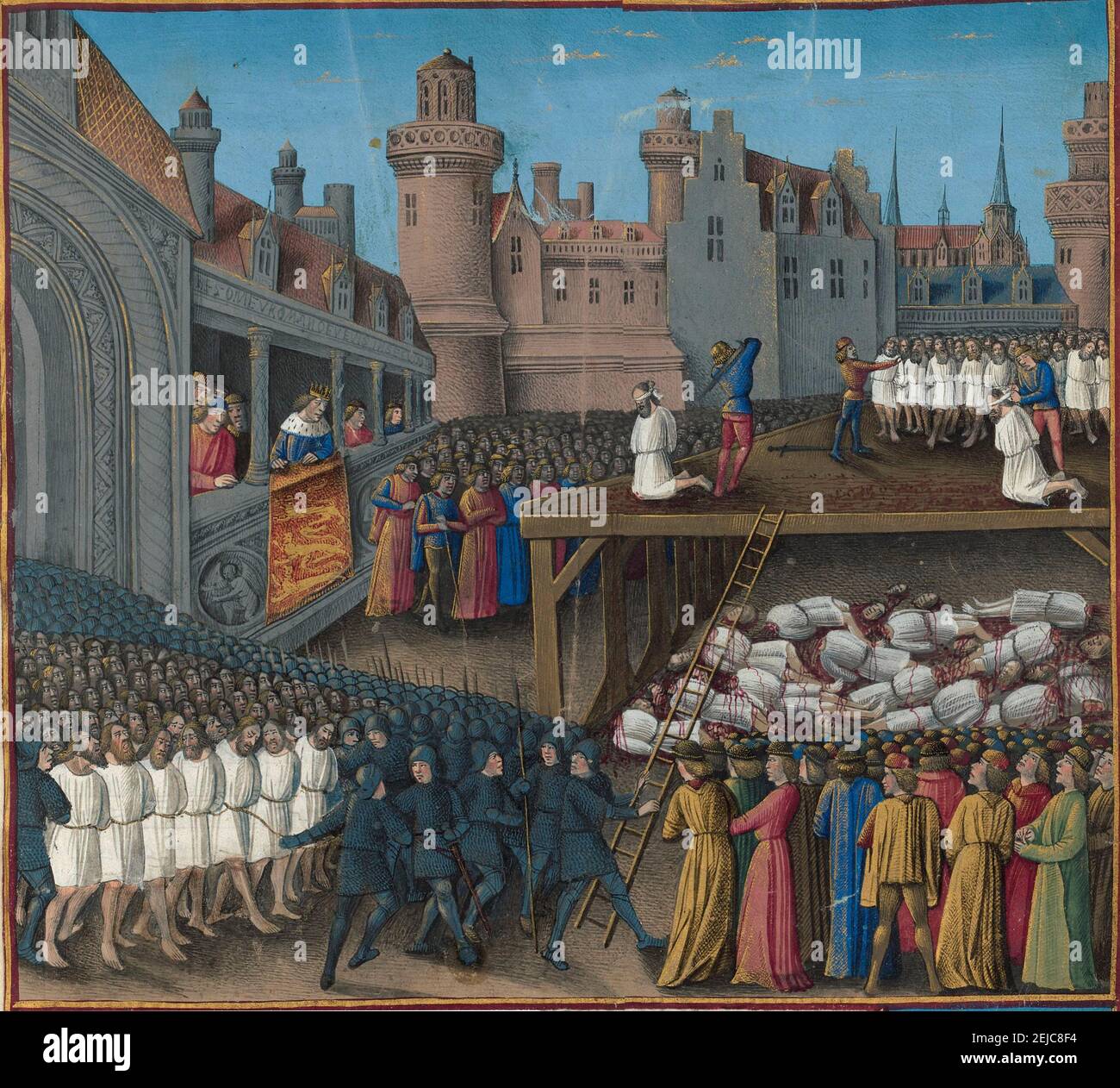 Massaker an den Sarazenen Gefangenen, angeordnet von König Richard Löwenherz, 1191. MUSEUM: BIBLIOTHEQUE NATIONALE DE FRANCE. Autor: JEAN COLOMBE. Stockfoto