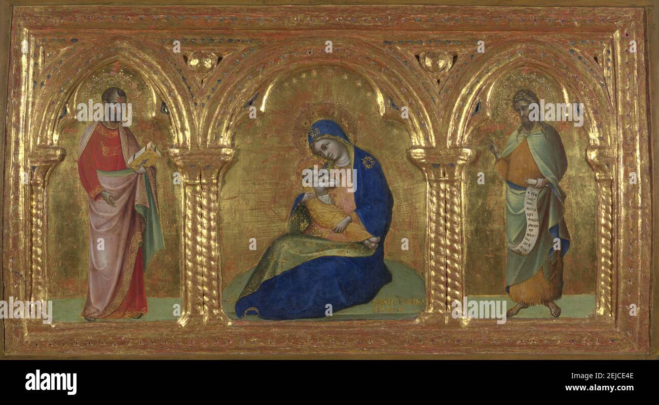 Die Madonna der Demut mit den Heiligen Markus und Johannes. Museum: National Gallery, London. Autor: Lorenzo Veneziano. Stockfoto