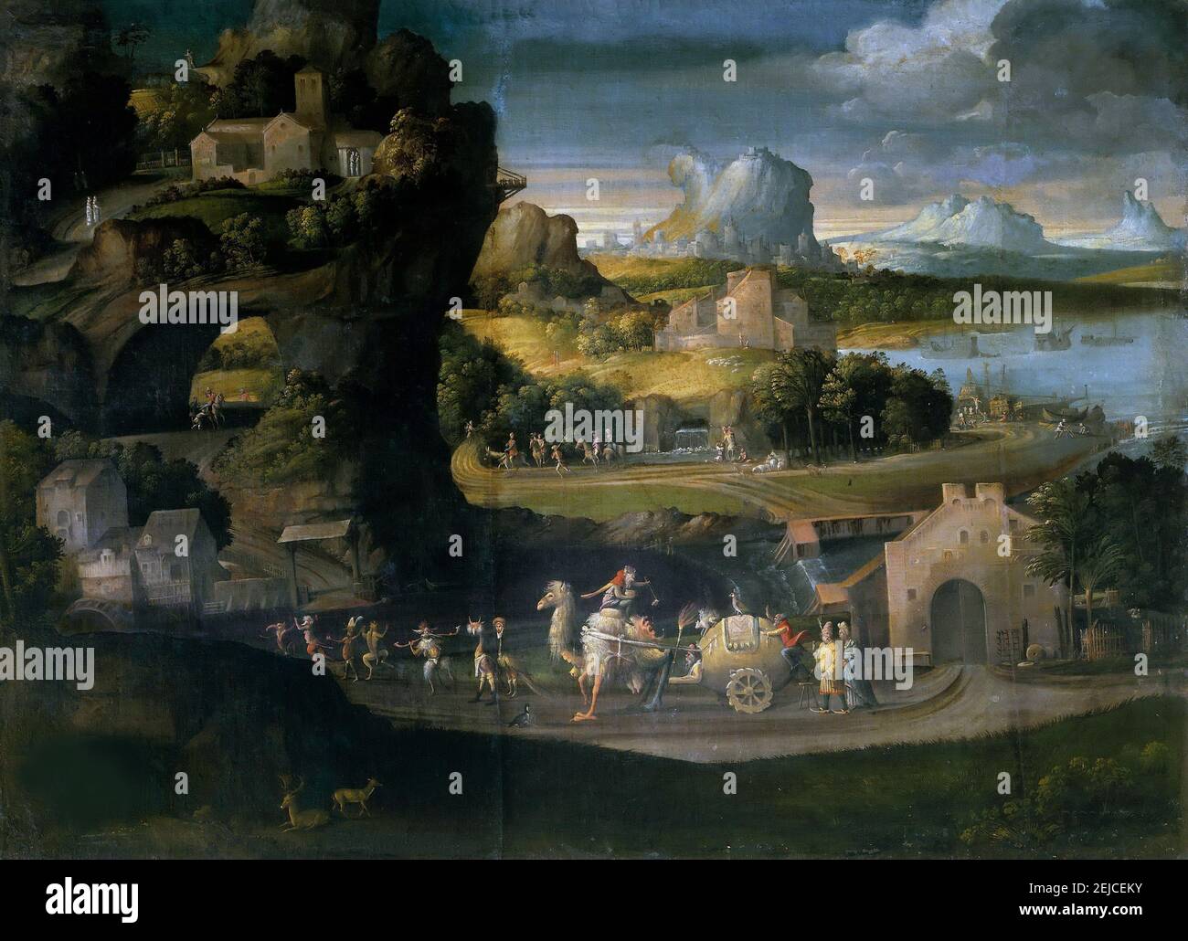 Landschaft mit Zauberern. Museum: Galleria Borghese, Rom. AUTOR: GIROLAMO DA CARPI. Stockfoto