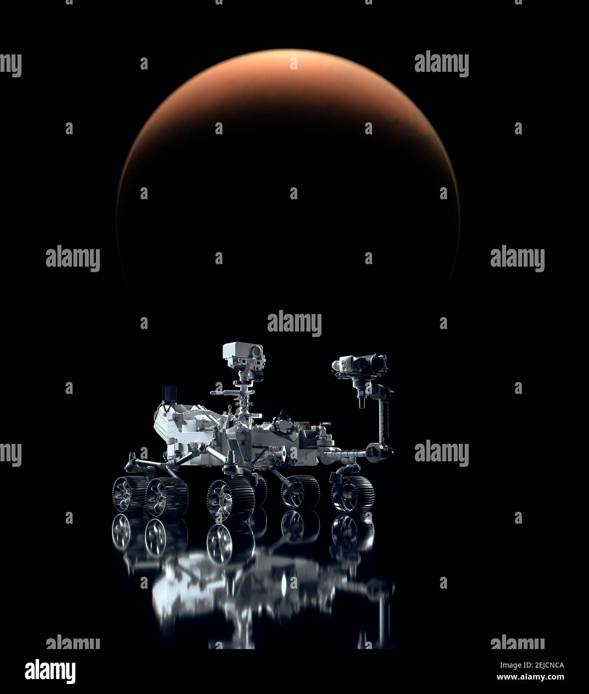 Mars Rover Ausdauer gemacht, um den roten Planeten zu erkunden. Explorationsmission 2021. Planet und Sonne aufflackern. Einige Elemente dieses Bildes wurden von der NASA eingerichtet Stockfoto