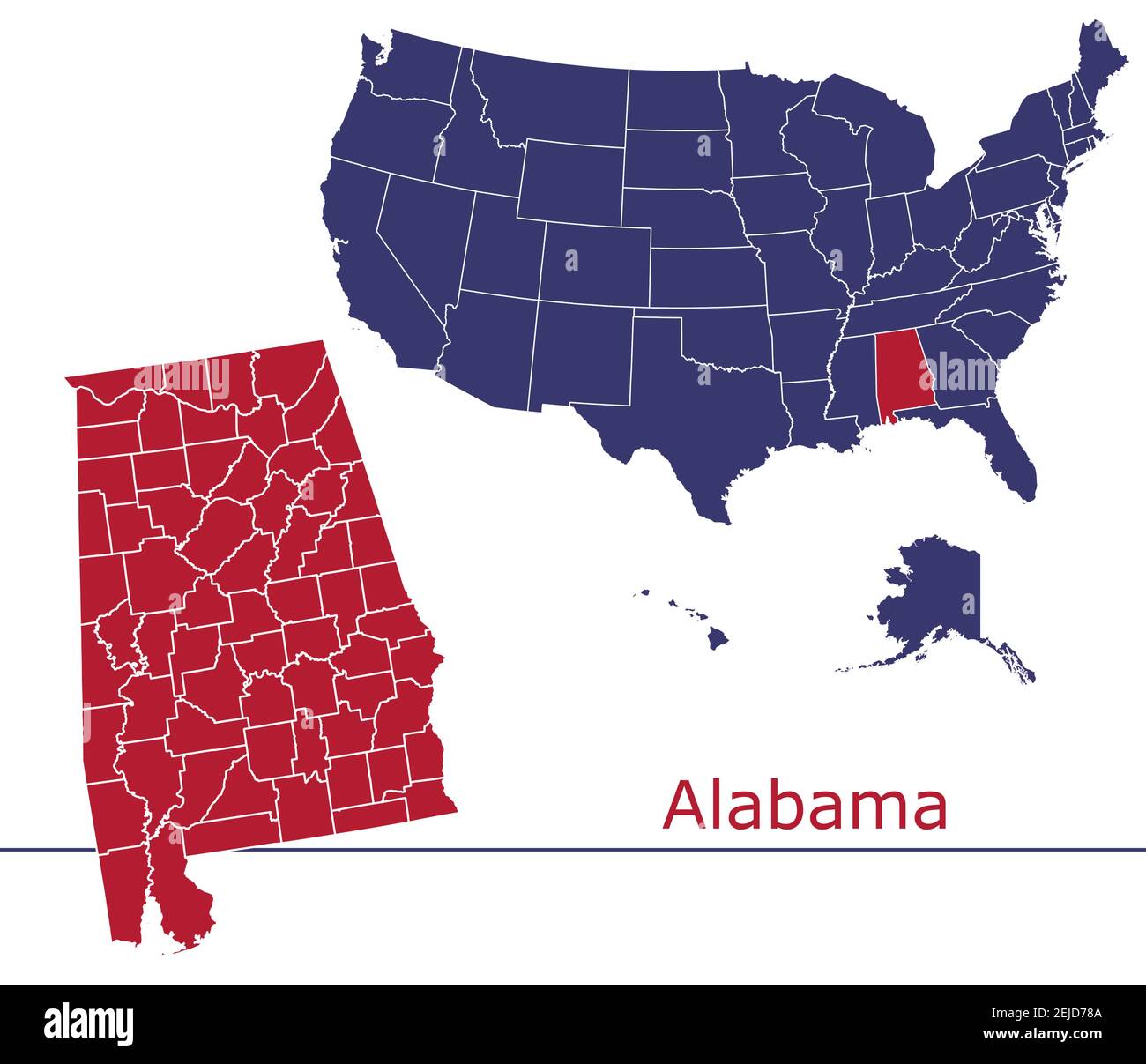 Alabama Grafschaften Vektor-Karte Umriss mit USA Kartenfarben national Alarmmeldung Stock Vektor