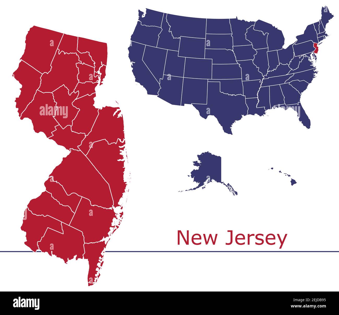 New Jersey Grafschaften Vektorkarte Umriss mit USA Kartenfarben Nationalflagge Stock Vektor