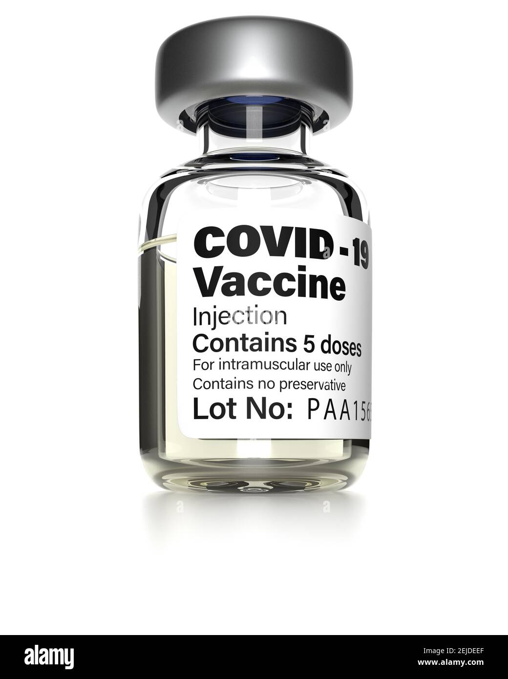 Coronavirus COVID-19 Impfstoff Fläschchen, Fläschchen auf weißem Hintergrund, ausgeschnitten. Generisches Etikett. Stockfoto