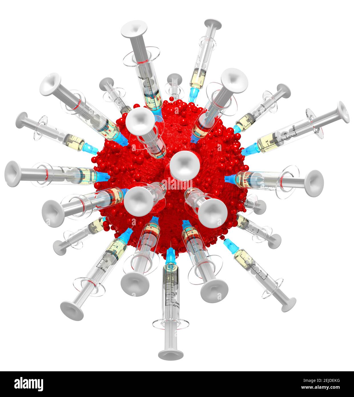 Coronavirus-Impfstoff. Ein Virus, das von Spritzen mit den Impfungen COVID-19 angegriffen wird. Weißer Hintergrund, ausgeschnitten. Bekämpfung des Virus. Stockfoto
