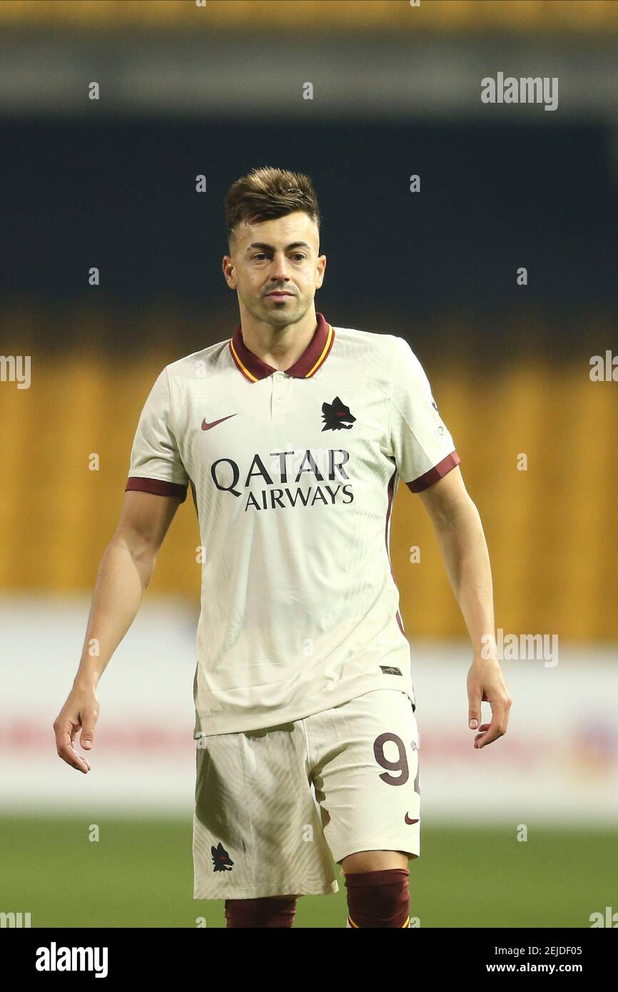 Roma italienischen Stürmer Stephan El Shaarawy feiert nach einem Tor während der Serie A Fußballspiel zwischen Benevento und AS Roma im Ciro Vigorito Stadium, Benevento, Italien, am 21. Februar 2021 Stockfoto